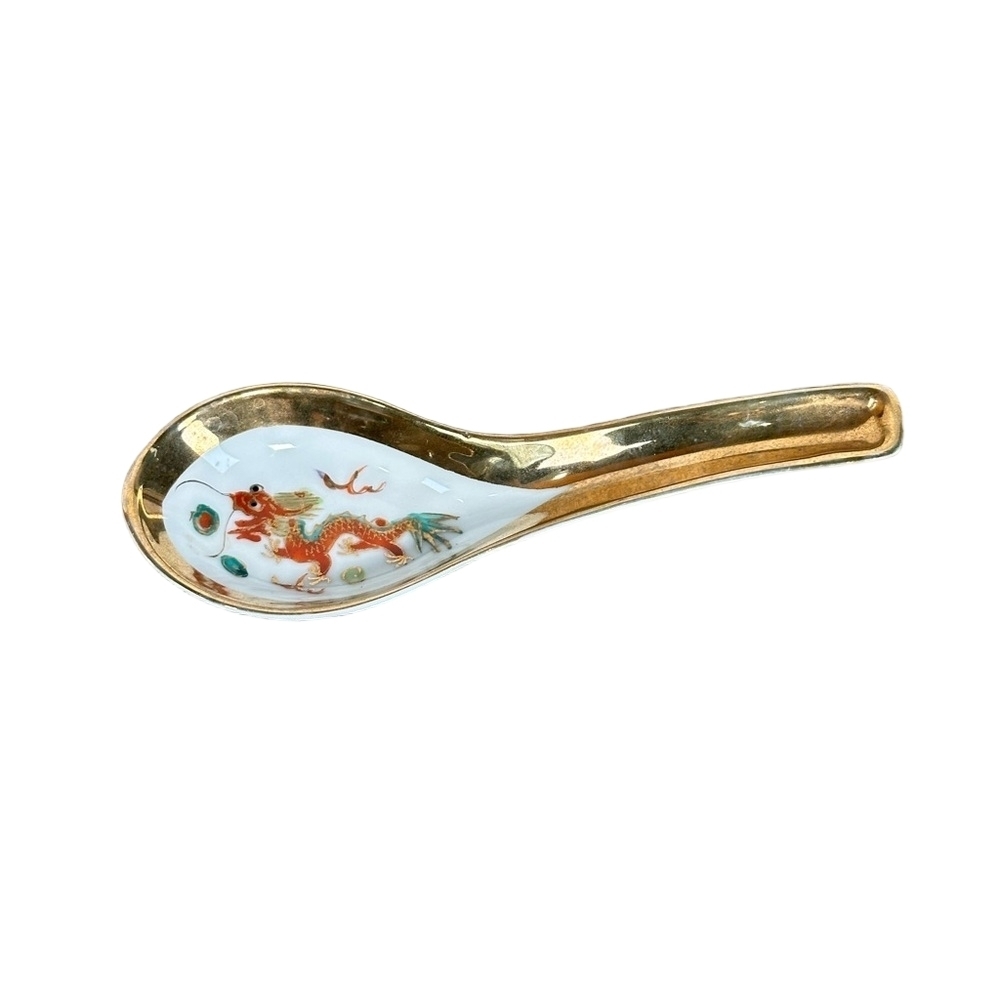 Vintage Hand Painted Dragon Ceramic Soup Spoon Gold Trim
